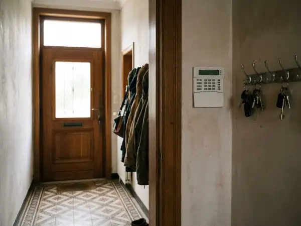Porte d'entrée intérieure avec clavier d'alarme à proximité